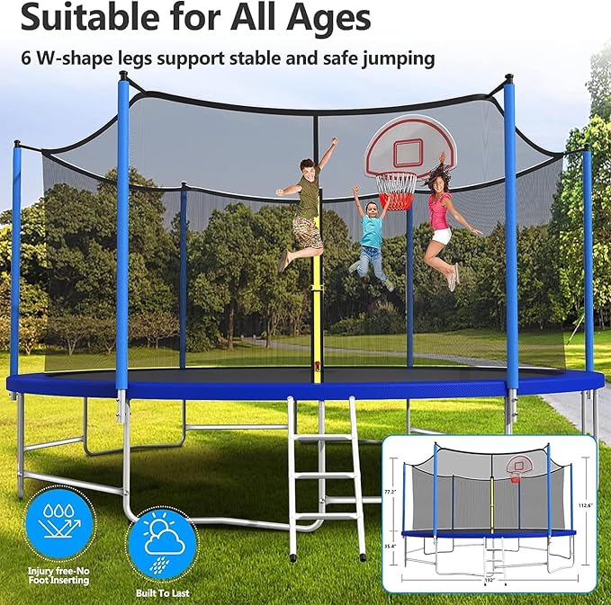 Upgraded 16FT 15FT 14FT 12FT 10FT 8FT Trampoline Outdoor with Basketball Hoop and Net, Capacity for 4-6 Kids and Adults