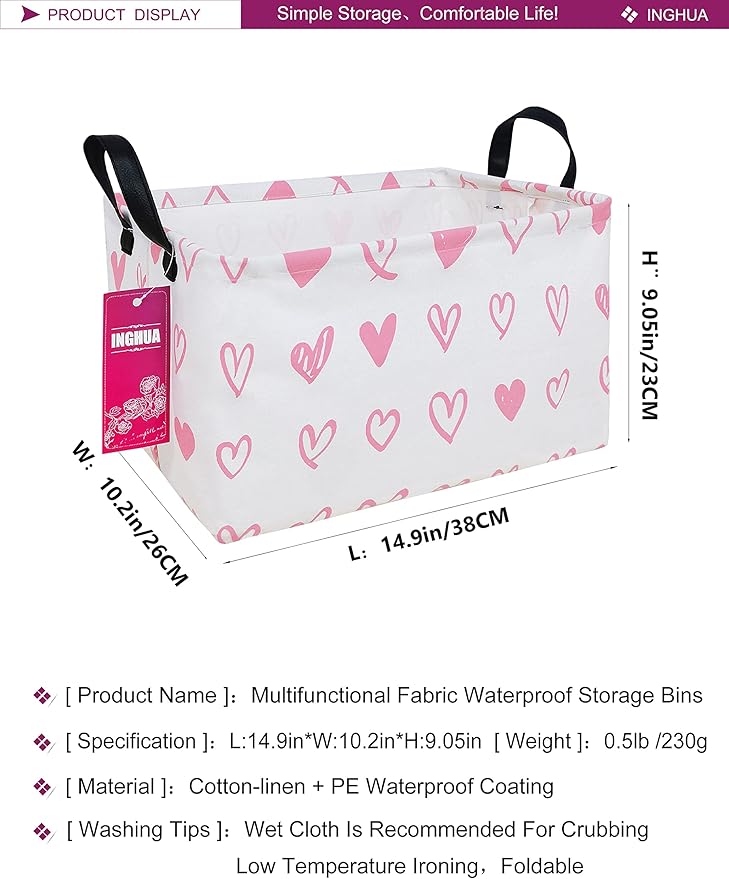 Rectangular Storage Basket Fabric Organizer Bin for Toys,Books,Clothes,Gifts,Pets-Perfect for Home,Office,Nursery,Dorm,Shelf(Rec-Pink hearts )