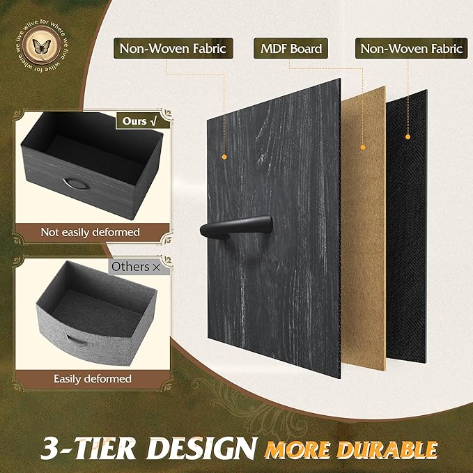 WLIVE Dresser for Bedroom with 10 Drawers, Fabric Dresser Chest of Drawers with Side Pockets and Hooks, Sturdy Metal Frame, Drawers Organizer Unit for Room, Hallway, Charcoal Black Wood Grain Print