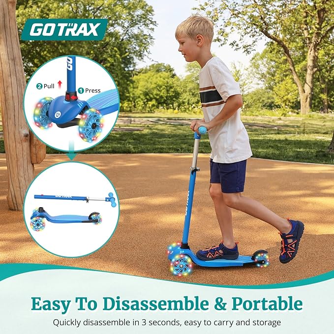 Gotrax KS1 Kids Kick Scooter, LED Lighted Wheels and 3 Adjustable Height Handlebars, Lean-to-Steer & Widen Anti-Slip Deck, 3 Wheel Scooter for Boys & Girls Ages 2-8 and up to 110 Lbs