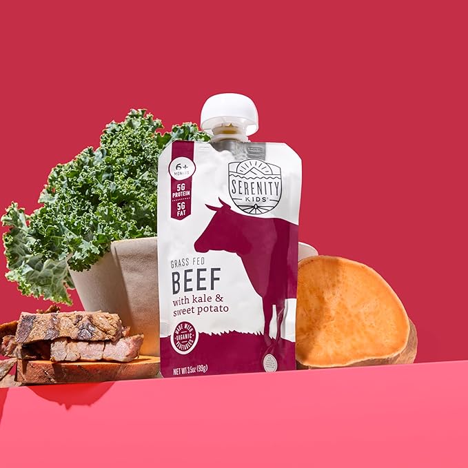 Serenity Kids 6+ Months Baby Food Pouches - Grass Fed Beef Puree with Organic Kale & Sweet Potato - BPA-Free Baby Snacks - 3.5 Oz, 6 Pack