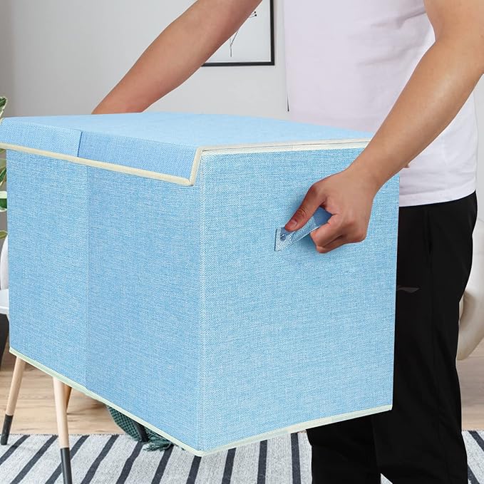 popoly Large Toy Box Chest with Lid, Collapsible Sturdy Toy Bin Storage Organizer Boxes Baskets for Kids, Boys, Girls, Nursery, Playroom, 25"x13" x16" (Linen Blue)