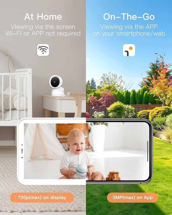ARENTI Baby Monitor with 2 Cameras, 2K/3MP WiFi 6 Camera and Audio, 5-inch Wireless Screen, Smartphone App, Super Night Vision, Crying Detection, Auto Tracking, Temp&Humidity Sensor (D3 Set)