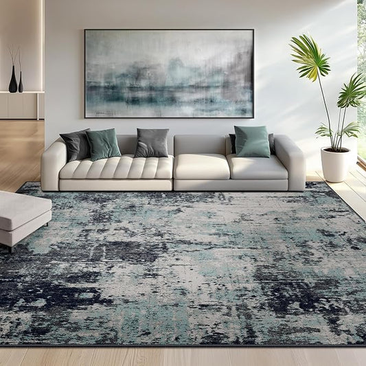 Washable Area Rugs 8'x10' Non-Slip Modern Abstract Soft for Living Room Entryway Bedroom Nursery, Print Pattern, Blue Black Teal
