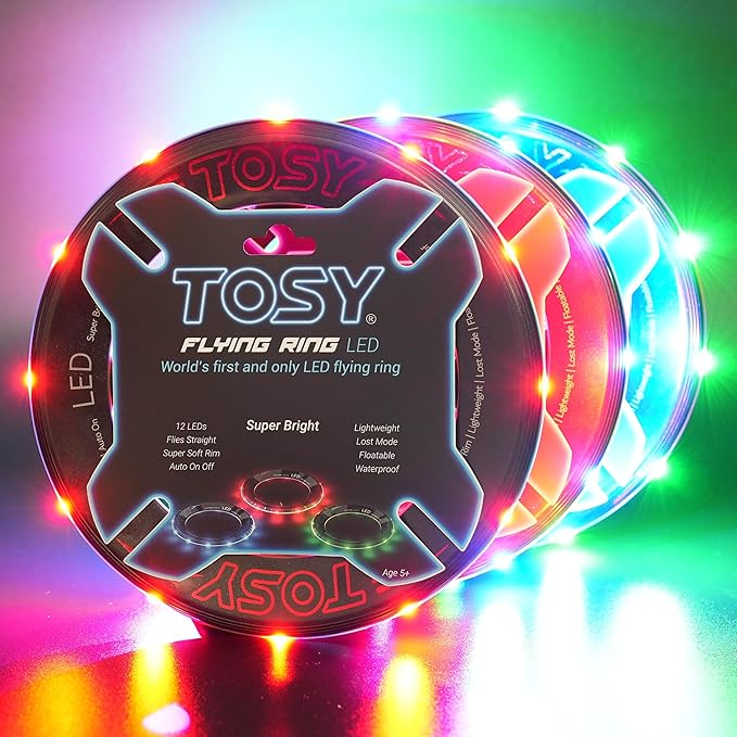 TOSY Flying Ring - 16 Million Color RGB or 12 LEDs, Super Bright, Lost Mode, Auto Light Up, Camping Essentials for Kids/Teens/Boy/Girl, Safe & Soft, Waterproof, Pool/Beach Games, Lightweight Toy