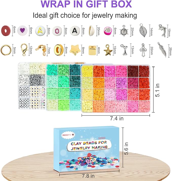 Redtwo 10000 Pcs Clay Beads Bracelet Making Kit, 3 Boxes 60 Colors Flat Preppy Beads for Friendship Bracelet Kit, Polymer Heishi Beads with Charms for Jewelry Making, Crafts Gifts for Teen Girls
