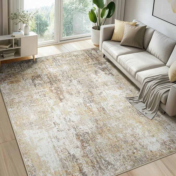 Washable Area Rugs 9'x12' Non-Slip Modern Abstract Soft for Living Room Entryway Bedroom Nursery, Print Pattern, Neutral Brown Gray