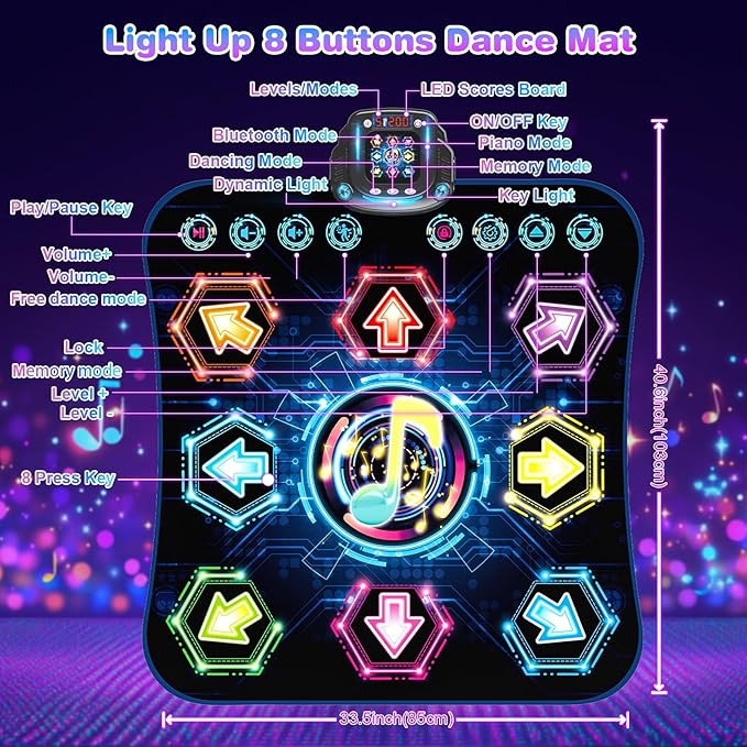Dance Mat, 2025 Light Up 8-Button Dance Pad with Wireless Bluetooth, Upgraded Flowing Light Control System with Stands, Kids Toys Music Games Birthday for 3-12 Year Old Boys Girls
