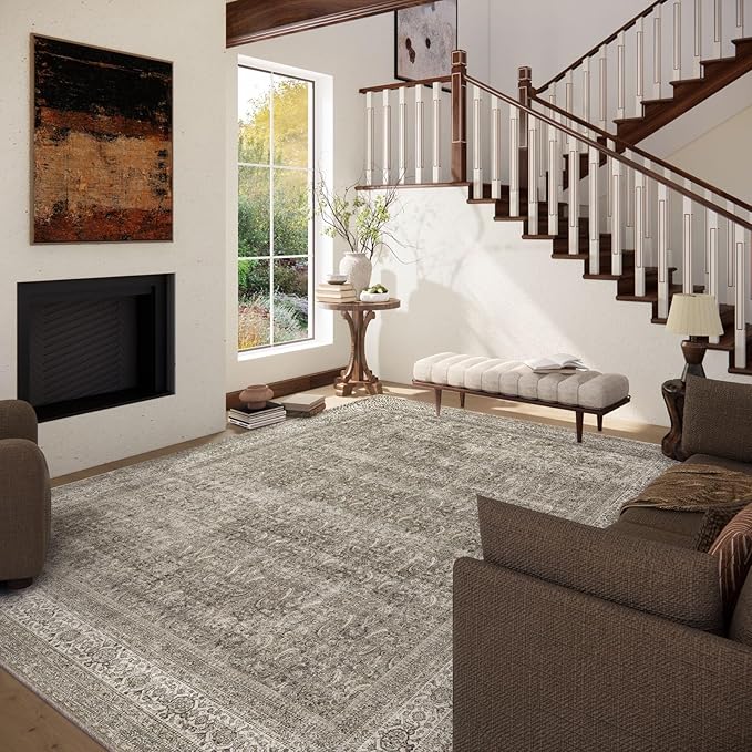 Washable Area Rugs for Living Room: 6x9 Bedroom Rug Boho Vintage Area Rug Stain Resistant Non Slip Low Pile Lightweight Soft Carpets for Dining Room Kitchen Nursery Kids Room Farmhouse