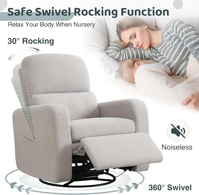 Swivel Rocker Recliner, Oversized Manual Nursery Glider Rocking Recliner with Removable Cushion, Upholstered Teddy Boucle Swivel Reclining Chair for Nursery Living Room Bedroom, Teddy Grey