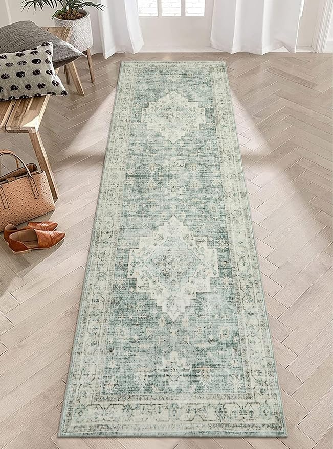 LIVEBOX Washable 2.5x8 Runner Rugs for Entryway Bathroom, Boho Kitchen Floor Mats Long Rug Runners for Hallways Non Slip, Farmhouse Low-Pile Carpet Runners for Laundry Room, Sage Green