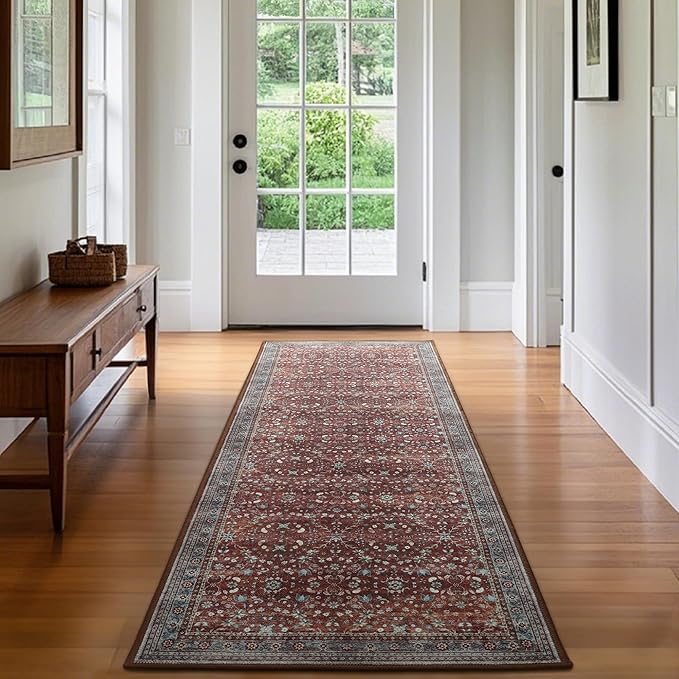2x6 Washable Kitchen Runner Rug for Hallways, Non Slip Laundry Runners for Bathroom, Low Pile Rubber Backed Rugs for Entryway, Vintage Floral Carpet for Living Room Bedroom Brick Red