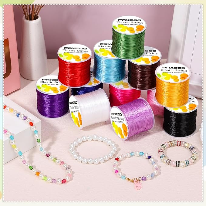 PAXCOO 12 Rolls Elastic String for Bracelets, Stretch Magic Elastic String Bead Cord Jewelry Thread for Bracelet, Necklaces, Clay Beads, Pony Beads (Assorted Colors)