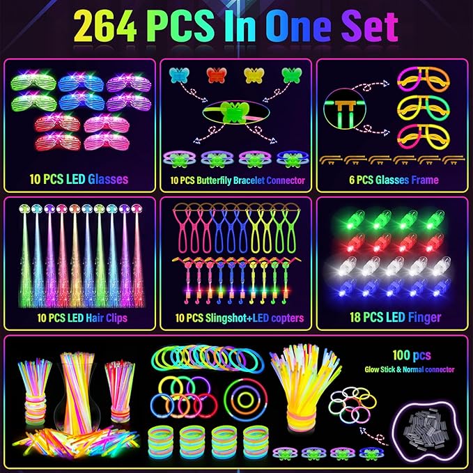 Glow in the Dark Party Supplies, 264 PCS Light Up Party Favors with LED Glasses,Glow Sticks,Finger Lights,LED Hair Clips,Slingshot,Glasses Molds,Butterfly Bracelet for Birthday,Raves,New Year