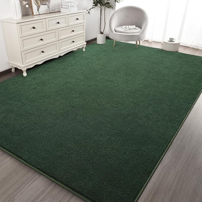 Kimicole 7x10 Washable Area Rugs for Living Room Bedroom, Large Low Pile Ulta-Thin Solid Color Rug, Non-Slip Soft Fluffy Carpet for Nursery Kids Room Dorm Room Home Decor (Dark Green)