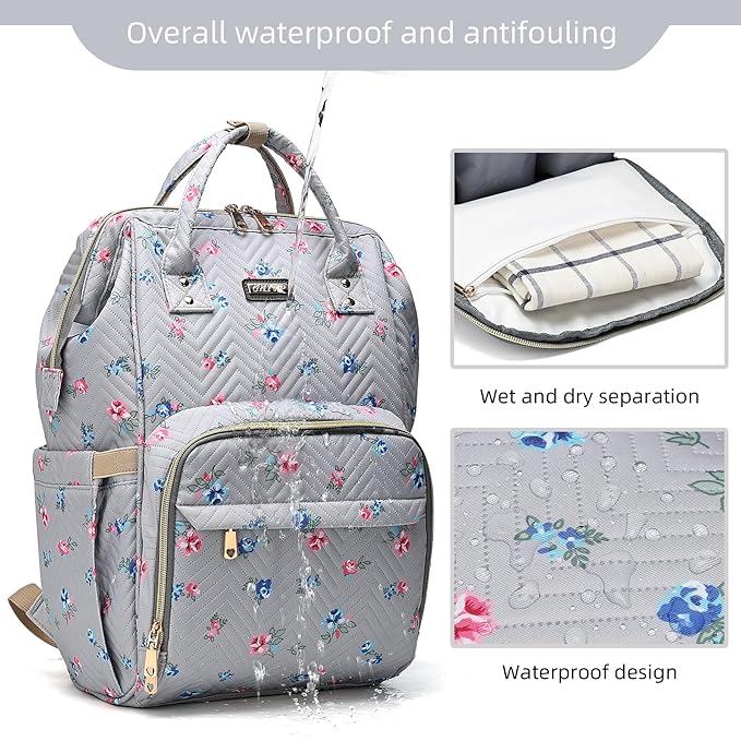 Diaper Bag Backpack for Women, Baby Bags for Girls,Diaper Bag with Changing Pad, and Insulated Pockets-Grey Flowers
