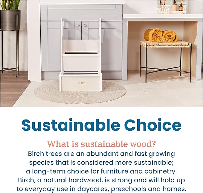 ECR4Kids Reach-Up Step Stool with Handles, Kids Furniture, White Wash