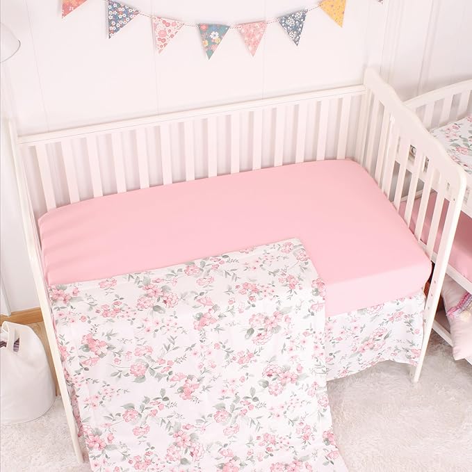 CaSaJa Baby 3-Piece Crib Bedding Set for Boys Girls, Including Soft Quilted Comforter(Blanket), Fitted Crib Sheet and Skirt, Soft Nursery Bedding Set Made of Silky Comfy Materials, Watercolor Floral