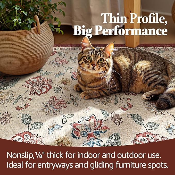 jinchan 3x10 Floral Runner Rug for Hallway Washable Kitchen Runner Vintage Romance Design Non Slip Thin Indoor Floor Cover Low-Profile Throw Carpet for Entryway Bathroom Bedroom Porch, Red/Beige