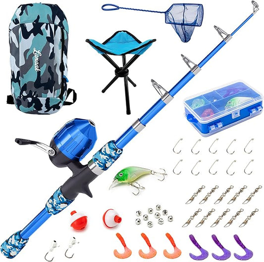 Kids Fishing Pole, Kids Portable Telescopic Fishing Rod Set, Tackle Box and Fishing Net Combo Kit, Kids Fishing Gear for Boys and Girls Age 5-10 and Youth