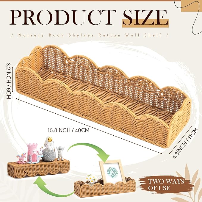 Pinkunn 3 Set Nursery Book Shelves Scalloped Rattan Wall Shelf 15.8 x 3.2 Inch Wall Mounted Plastic Floating Book Shelve, Hanging Boho Wicker Woven Shelf for Nursery Decor and Storage (Natural Wood)