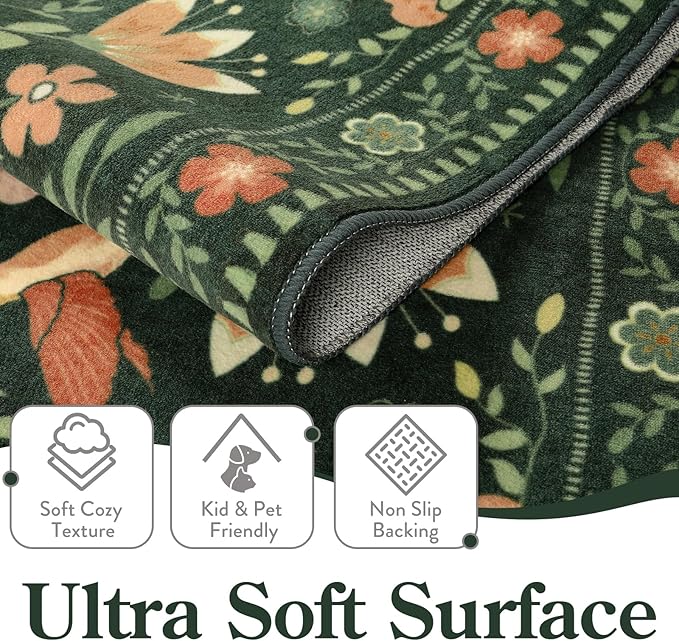 Moynesa Machine Washable Round Rug, 6ft Circle Area Rug for Living Room Non Slip, Ultra Thin, Soft, Indoor Boho Bird Dark Green 6'x6' Carpet for Bedroom Office Under Table Kid Playroom