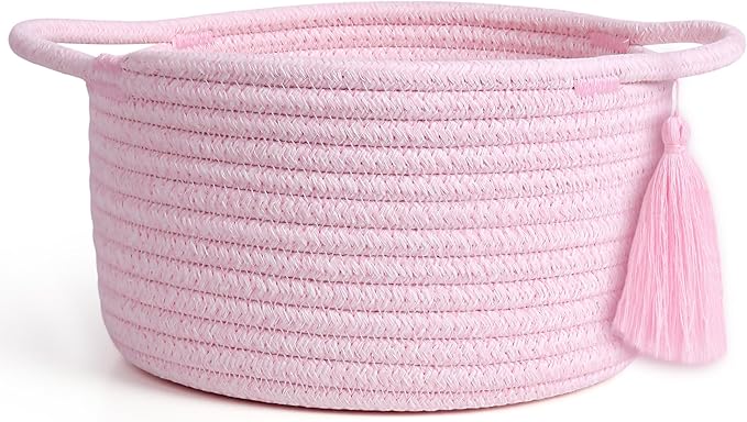 Empty Gift Basket – SweetMemo Mini Woven Rope Organizer Baskets for Gifting, Baby Shower, Desk, Makeup Brushes, Bathroom, Shelves – Small Decorative Storage Bin with Gift Bag & Ribbon – Blush Pink