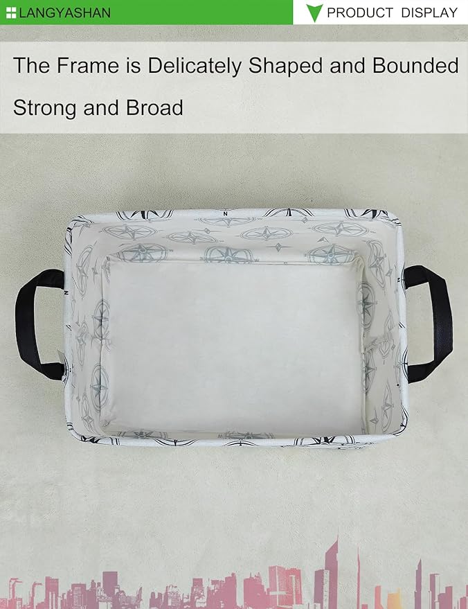 LANGYASHAN Rectangular Storage Bin Collapse Canvas Fabric Cartoon Storage Basket with Handles for Organizing Home Kitchen Boys and Girls Toys Office Closet Shelf Baskets (Rec Black Compass)