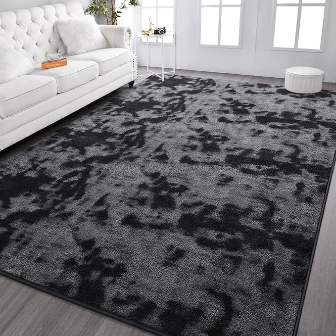 Kimicole 7x10 Washable Area Rugs for Living Room Bedroom, Large Low Pile Ulta-Thin Solid Color Rug, Non-Slip Soft Fluffy Carpet for Nursery Kids Room Dorm Room Home Decor (Dark Grey)