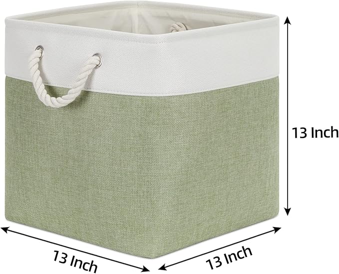 Bidtakay Cubby Storage Bins Set of 3 Fabric Baskets for Shelves Closet Drawer Organizer Storage Cubes 13x13 Collapsible Organization Baskets for Nursery Toy Shelf (White&green)