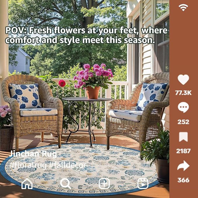 jinchan 5ft Floral Round Rug for Entryway Washable Kitchen Rug Vintage Romance Design Non Slip Indoor Doormat Lightweight Low-Profile Throw Carpet for Living Room Dining Room Bedroom, Blue/Beige