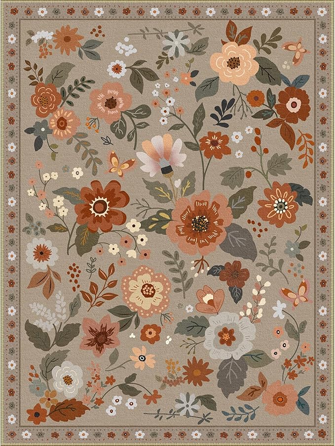 Floral 5x7 Area Rug Machine Washable Soft Print Boho Carpet Non Slip Doormat Low Pile Flower Area Rugs for Living Room Bedroom Nursery Kitchen Dining Room Indoor-Brown/Brick