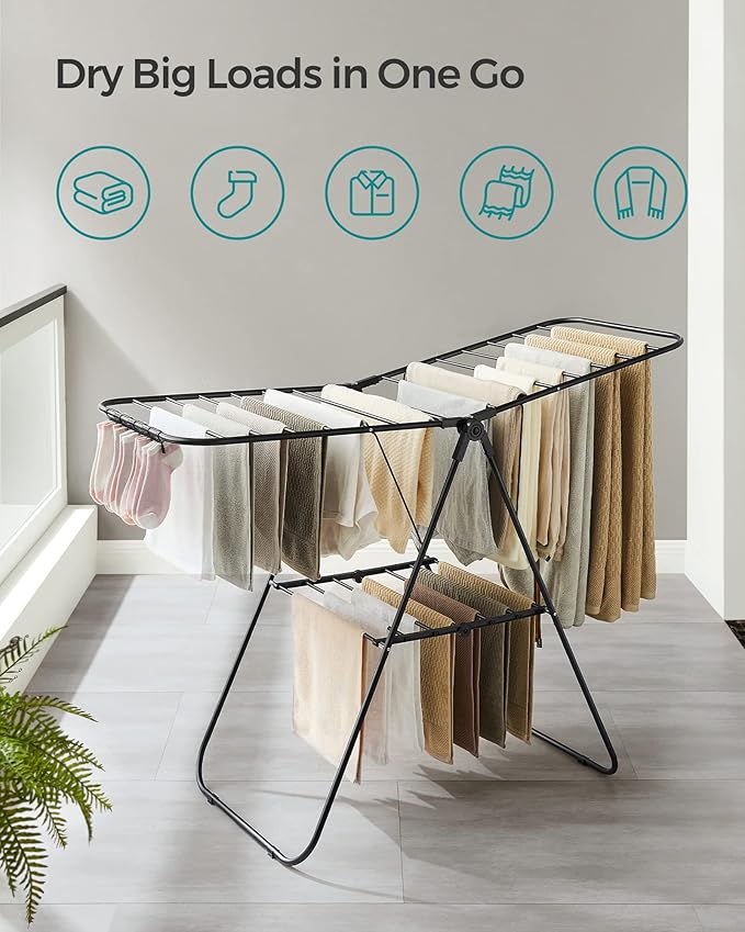 SONGMICS Clothes Drying Rack, with Sock Clips, Metal Laundry Rack, Foldable, Space-Saving, Free-Standing Airer, with 2 Height-Adjustable Gullwings, Indoor Outdoor Use, Black ULLR052B01