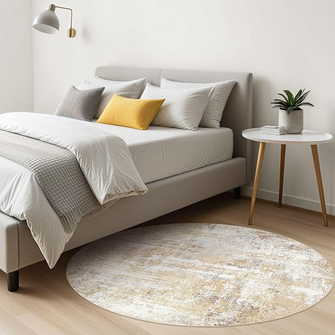 Round Rug Living Room Rugs: 10x10 Washable Circle Large Abstract Modern Soft Stain Resistant Non-Slip Indoor Floor Carpet for Bedroom Nursery Office Dining Room Playroom Home House Decor - Gray Gold