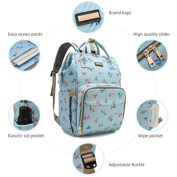 Diaper Bag Backpack for Women, Baby Bags for Girls,Diaper Bag with Changing Pad, and Insulated Pockets-Blue Flowers