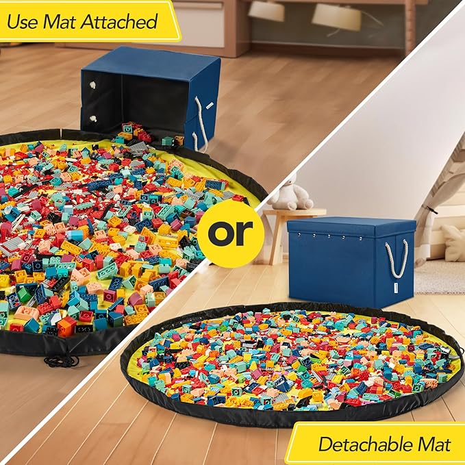 Kids Toy Box Chest Storage with Lid and Big Play Mat for Boys and Girls,Collapsible Fabric Toy Building Bricks Storage Container Organizer Bin with Rug for Playroom and Nursery Organization