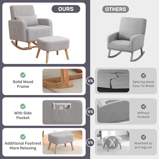 Rocking Chair with Ottoman, Upholstered Nursing Glider Rocker with High Backrest and Side Pocket, Comfy Reading Chair with Solid Wood Legs for Nursery/Living Room/Bedroom Light Grey