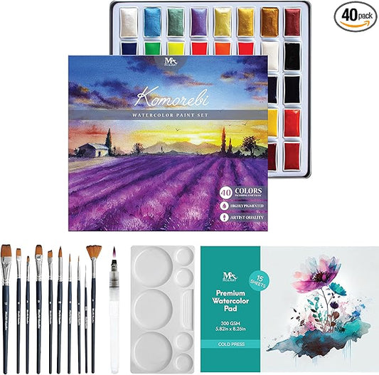 Mozart Japanese Watercolor Paint Set - Komorebi Art Kit with 40 Color Pans - 10 Watercolor Brushes - Paint Palette, Brush Pen & Paper Pad - Complete Supply for Adults, Kids & Students