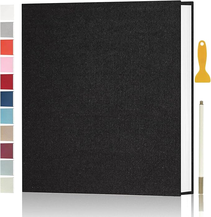 Photo Album Self Adhesive Pages for 4x6 5x7 8x10 Pictures Scrapbook Magnetic Photo Albums with Sticky Pages Books with A Metallic Pen for Baby Wedding Family 11x10.6 Black 40 Pages