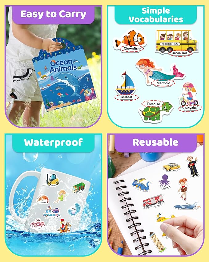 Benresive Reusable Sticker Books for Kids 2-4, Sticker Books for Toddlers 1-3 2-4, Toddler Travel Toys Activities Crafts Gifts - Ocean Animals, Fairy and Vehicle