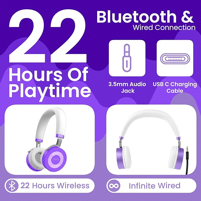 Puro Sound Labs JuniorJam Plus Volume-Limiting Wireless Bluetooth Headphones for Kids, Secure Audio with Adjustable On-Ear Design, 22-Hour Battery, Ideal for Tablets, Smartphones & PCs - Purple