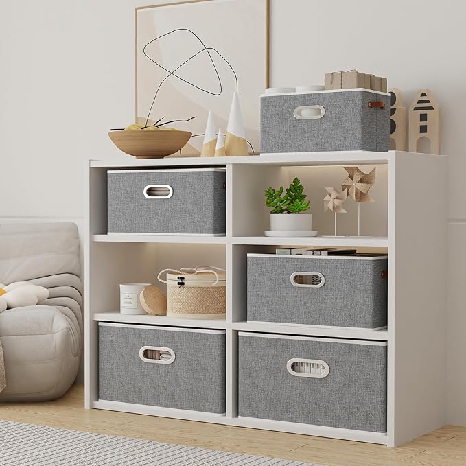 Yawinhe Fabric Storage Baskets, Foldable Closet Organizer for Shelves, Large Boxes with 3 Handles, Canvas Bins for Clothes, Grey, 12.99''Lx9.05''Wx7.87''H, 6-Pack