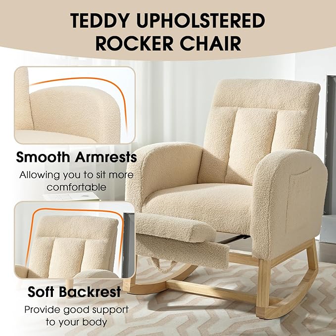 NIOIIKIT Modern Nursery Rocking Chair, Teddy Upholstered Rocking Chair with Footrest, Comfortable Glider Rocker with Side Pocket for Living Room, Bedroom, Nursing Room (Beige)