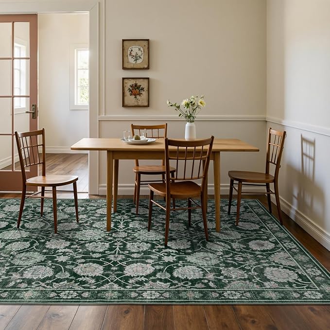 6x9 Area Rug for Living Room & Bedroom, Washable Non-Slip Floral Rugs, Soft Vintage Carpet, Low Pile Wool Carpets for Indoor Dining Home Office Playroom Under Table, Modern Decor, Dark Green