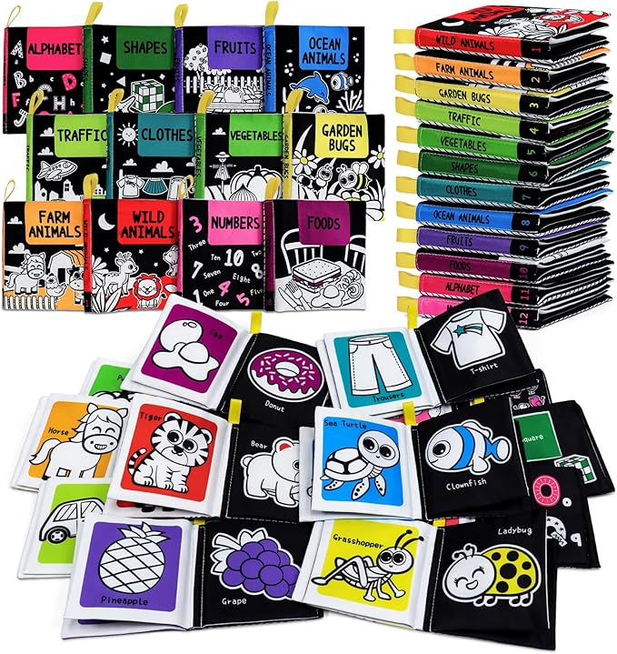 OKOOKO Soft Baby Books Black and White High Contrast 12PCS Soft Cloth Books Bath Books Crinkle Washable Non-Toxic Early Education Preschool Learning Toy for Newborns Babies Infants Toddlers Kids