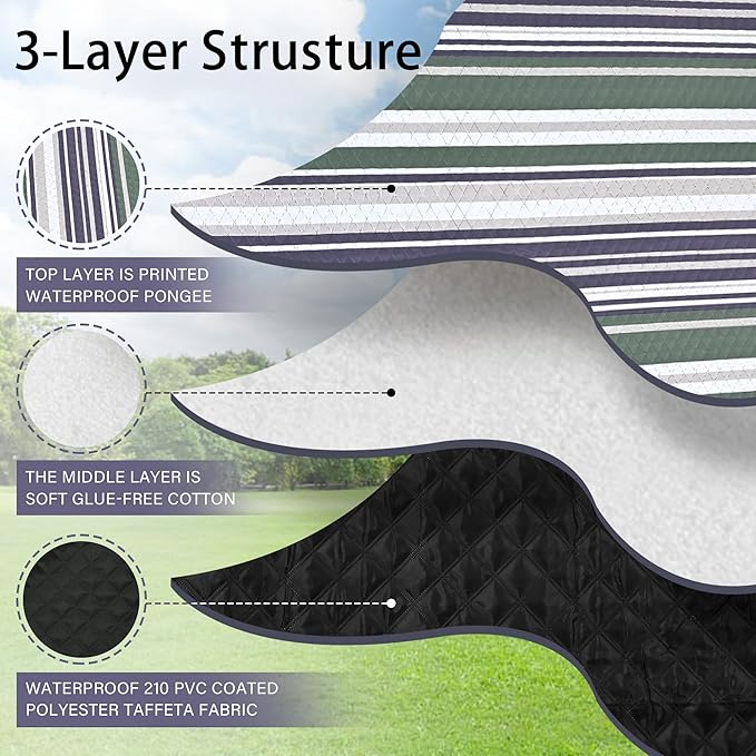HX&OD Outdoor Picnic Blanket Extra Large, 80''*60'' Waterproof Picnic Mat with Stakes Foldable Camping Blanket Portable with Carry Strap for Beach Mat (Green& White, 80''*60'')