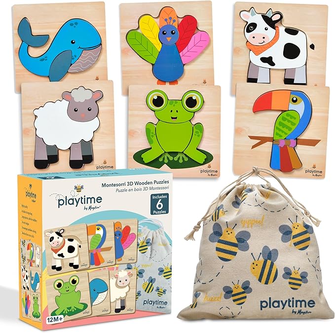 MAGIFIRE Wooden Puzzles for Toddlers 1-3 - 6-Pack Multicolor Cartoon Animal Puzzle Set - Large Easy-Grip Pieces for Small Hands with Storage Bag and Box