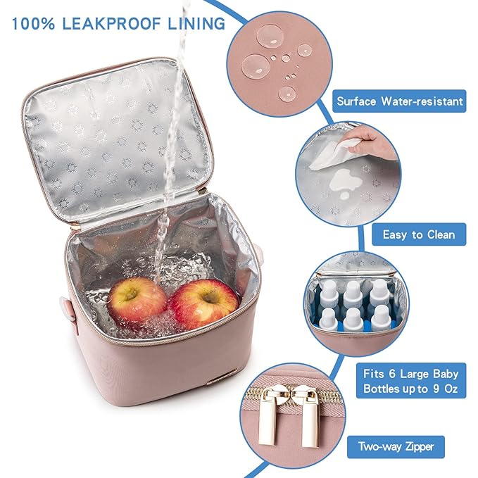 Breast Milk Cooler Bag with Ice Pack Fits 6 Baby Bottles Up to 9 Ounce, Baby Bottle Bag with Shoulder Strap for Nursing Mom Daycare, Pink