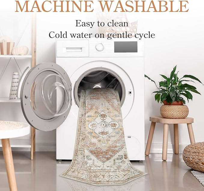 Lahome Boho Round Area Rug - 5Ft Machine Washable Round Bedroom Rugs Non-Slip Throw Large Round Rugs for Living Room, Oriental Distressed Print Circle Rugs for Office Dining Room Kitchen Classroom