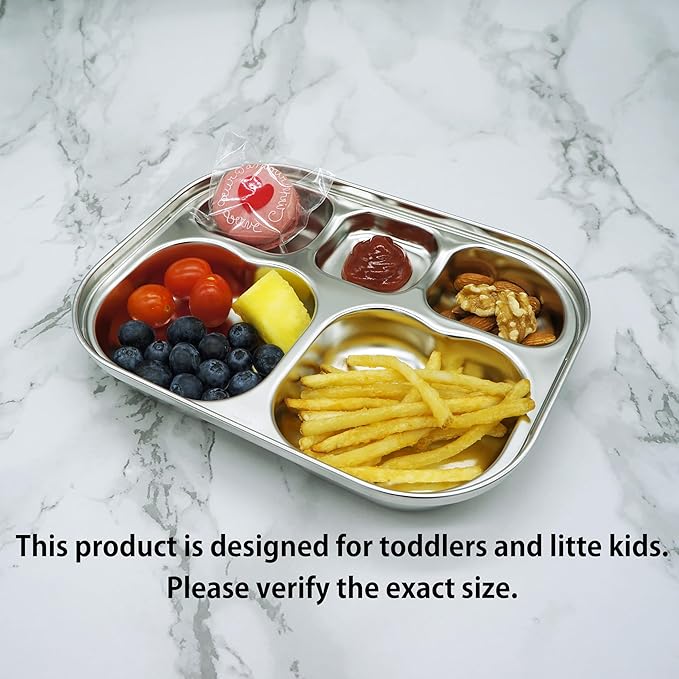 Korean Stainless Steel Divided Plates by KS&E, Little Kids Toddlers Babies small Tray, BPA Free, Diet Food Control, Compact Serving Platter, Snack, 5 Compartment Plate Silver, Set of 2